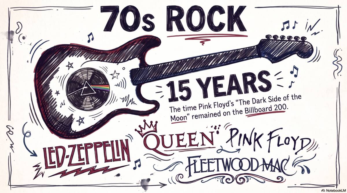 Infographic illustrating the evolution of 70s rock, from hard rock and progressive rock through glam, southern rock, arena rock, and the punk explosion that ended the decade