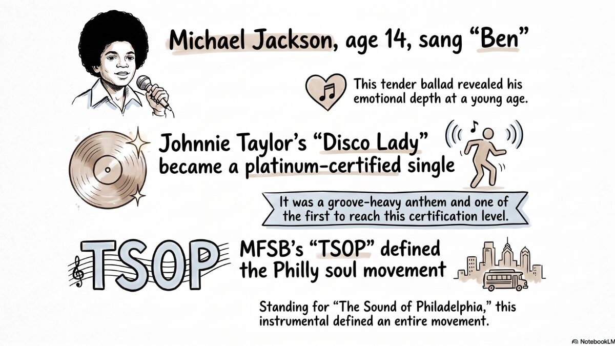 Hand-drawn Sketch Note infographic about 70s soul music, showing a 14-year-old Michael Jackson singing Ben, Johnnie Taylor's platinum single Disco Lady, and MFSB's TSOP, the Sound of Philadelphia
