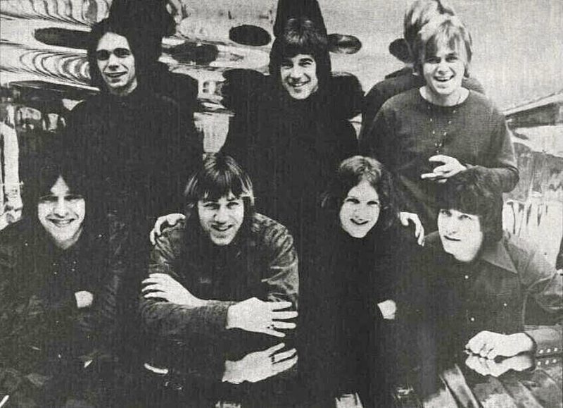 The seven members of Chicago Transit Authority in a grayscale Hit Parader photo from January 1970, the band that recorded 25 or 6 to 4