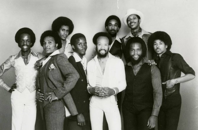 Earth, Wind and Fire in a 1977 Columbia Records press photo, two years before Boogie Wonderland reached number 6 on the Hot 100