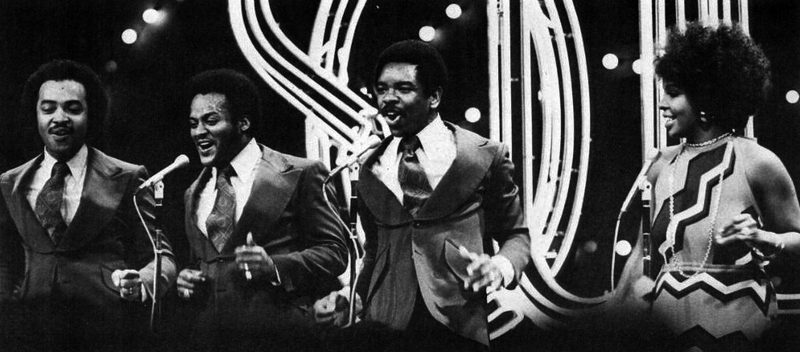 Gladys Knight and the Pips performing on the television program Soul Train, in a 1974 Billboard section about the show