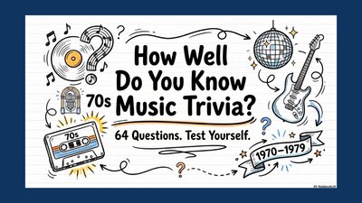 Hand-drawn illustration asking 'How well do you know 70s music trivia?' with a vinyl record, disco ball, guitar, jukebox, and cassette tape