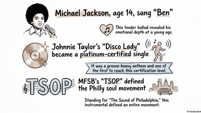 Hand-drawn Sketch Note infographic about 70s soul music, showing a 14-year-old Michael Jackson singing Ben, Johnnie Taylor's platinum single Disco Lady, and MFSB's TSOP, the Sound of Philadelphia