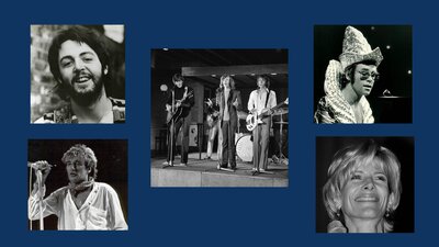 Black-and-white photo collage of five 70s chart-topping artists: Paul McCartney, Rod Stewart, Elton John, the Bee Gees, and Debby Boone