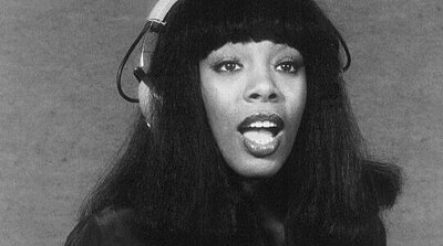 Donna Summer singing in a recording studio, 1977