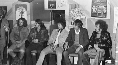 The Flying Burrito Brothers, including Bernie Leadon and Chris Hillman, at an Amsterdam press conference in 1970