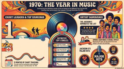 Infographic showing the top songs of 1970, including Simon & Garfunkel's Bridge Over Troubled Water and the Jackson 5's four Year-End Hot 100 hits