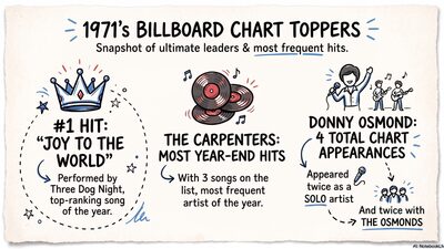 Hand-drawn Sketch Note infographic showing the top songs of 1971, including Three Dog Night's number one hit Joy to the World, The Carpenters' record three-song year, and Donny Osmond's four chart appearances