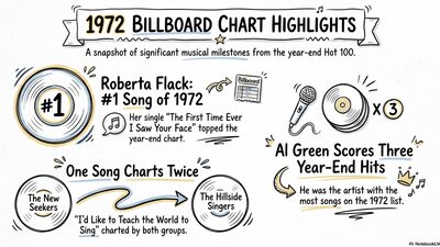 Hand-drawn Sketch Note infographic about the top songs of 1972, showing Roberta Flack's number one hit The First Time Ever I Saw Your Face, Al Green's three year-end chart entries, and I'd Like to Teach the World to Sing charting twice under two different acts
