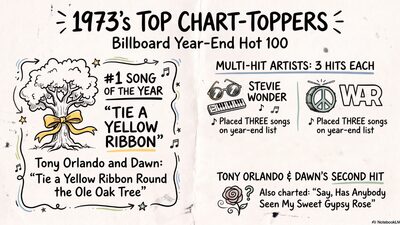 Hand-drawn Sketch Note infographic about the top songs of 1973, showing Tony Orlando and Dawn's number one hit Tie a Yellow Ribbon Round the Ole Oak Tree, Stevie Wonder and War each landing three year-end hits, and Tony Orlando and Dawn's second charting song Say, Has Anybody Seen My Sweet Gypsy Rose