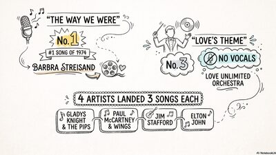 Hand-drawn Sketch Note infographic about the top songs of 1974, showing Barbra Streisand's number one hit The Way We Were, Gladys Knight and the Pips, Paul McCartney and Wings, and Jim Stafford each landing three year-end hits, and the instrumental Love's Theme reaching number 3