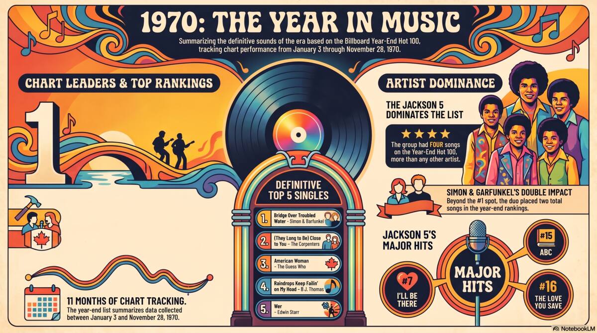 Infographic showing the top songs of 1970, including Simon & Garfunkel's Bridge Over Troubled Water and the Jackson 5's four Year-End Hot 100 hits