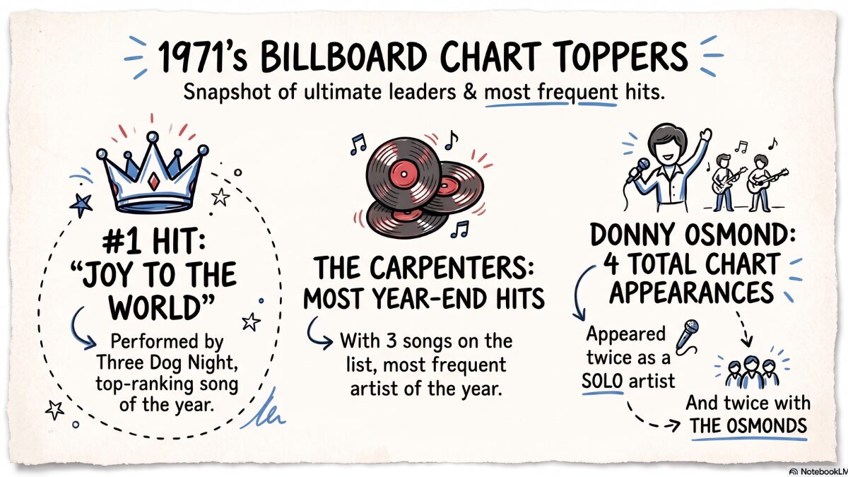 Hand-drawn Sketch Note infographic showing the top songs of 1971, including Three Dog Night's number one hit Joy to the World, The Carpenters' record three-song year, and Donny Osmond's four chart appearances