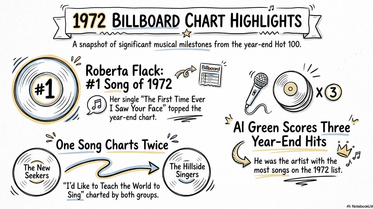 Hand-drawn Sketch Note infographic about the top songs of 1972, showing Roberta Flack's number one hit The First Time Ever I Saw Your Face, Al Green's three year-end chart entries, and I'd Like to Teach the World to Sing charting twice under two different acts