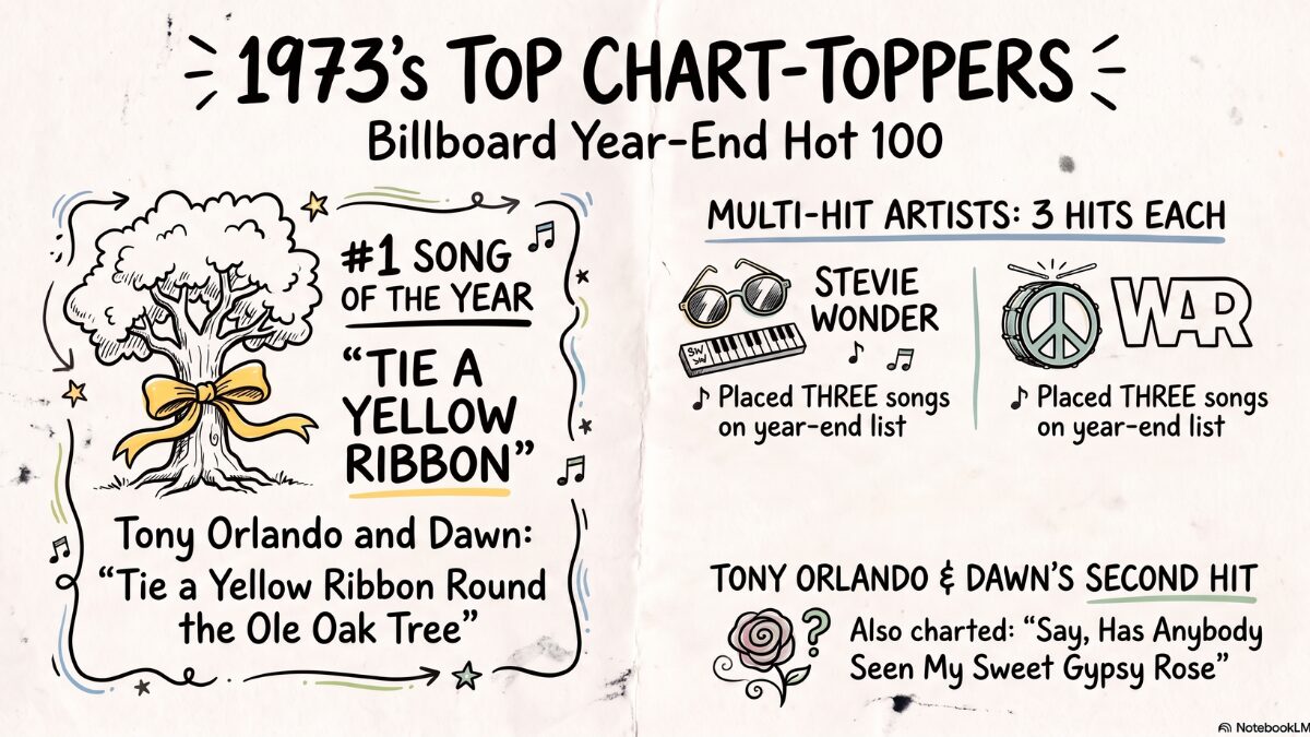 Hand-drawn Sketch Note infographic about the top songs of 1973, showing Tony Orlando and Dawn's number one hit Tie a Yellow Ribbon Round the Ole Oak Tree, Stevie Wonder and War each landing three year-end hits, and Tony Orlando and Dawn's second charting song Say, Has Anybody Seen My Sweet Gypsy Rose