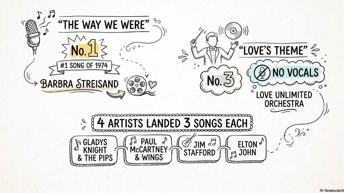 Hand-drawn Sketch Note infographic about the top songs of 1974, showing Barbra Streisand's number one hit The Way We Were, Gladys Knight and the Pips, Paul McCartney and Wings, and Jim Stafford each landing three year-end hits, and the instrumental Love's Theme reaching number 3